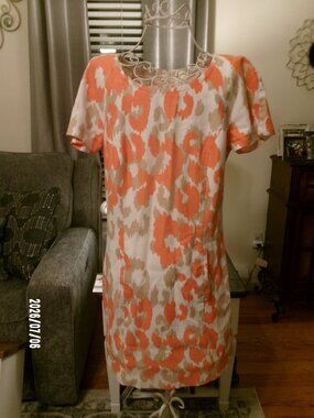Exc Trina Turk Merced Orange & Tan Short Sleeve Shirt Dress Size 8 Pockets & zip